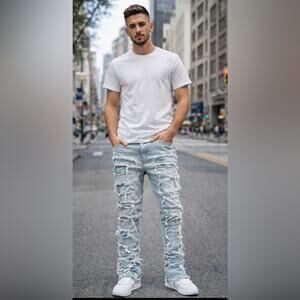 GUAPI Distressed Stacked Jeans Men’s 30 Light Wash Shredded Streetwear Denim